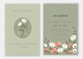 wedding invitation card background . Elegant hand drawn flower and line art with elegant garden anemone template Design illustration for wedding and template, banner. vector