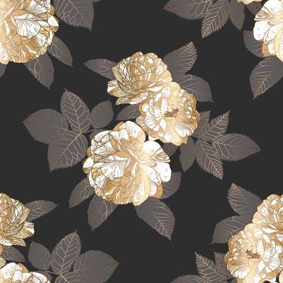 Seamless Luxury Half Drop Pattern with White and Gold Roses and Grey Leaves on Black. Great for Textiles, Surfaces, Wallpapers, Wrapping Papers, Fabrics, Prints.