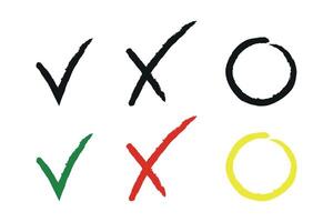 Set of hand drawn symbols for selection. Green check mark, red cross and yellow circle. illustration vector