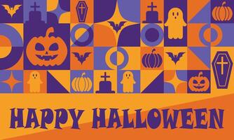 Halloween banner with modern abstract geometric Bauhaus pattern. Halloween holiday celebration horizontal banner. Bauhaus geometric pattern or background with pumplin, bat, ghost, and cemetery vector