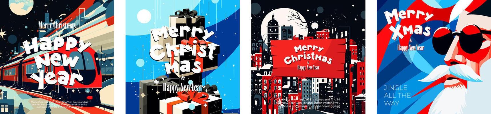 Merry Christmas and Happy New Year square banner. Xmas holiday eve abstract flyer. Joyful celebration print. Winter modern city, polar express and Santa Claus. Creative art drawing cover eps design