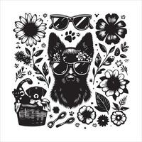 Print A collage of a dog a plant in an illustrated frame risograph silhouette white background vector