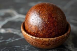 Close-Up of Cracked Leather Ball in Wooden Bowl on Marble Surface - Rustic, Handcrafted Decor for Interior Design photo