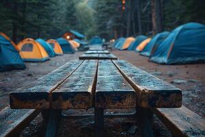 Rustic Campground with Multiple Tents in Forest Setting - Ideal for Adventure, Camping, and Outdoor Posters photo