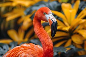 Vibrant Flamingo with Tropical Foliage Perfect for Nature-Themed Designs, Posters, and Cards photo