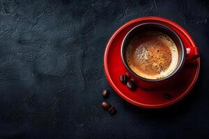 Morning Coffee Vibes with Fresh Espresso in Red Cup against Dark Background Perfect for Cafe, Print, Poster Design photo