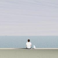 Man with cat sitting on barrier at seaside in a foggy day graphic illustration. Travel with pet landscape minimalism concept have blank space. vector