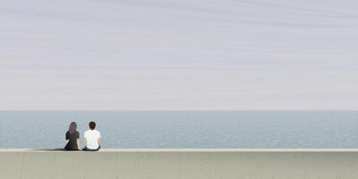 Couple of lover sitting on barrier at seaside in a foggy day graphic illustration. Honeymoon concept illustrate minimalism have blank space. vector
