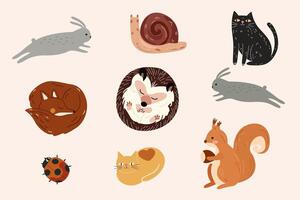 Autumn set of hand-drawn icons. Set of autumn forest plants, leaf and forest animals. bunny, fox, hedgehog, squirrel and snail vector