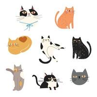 Happy international cat day characters design collection. Set of adorable pet animals. Furry human friends home animals. Flat illustration. Cat stickers vector