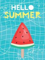 Hello summer. Trendy illustration with watermelon ice cream on the pool background for poster, card, banner, invitation. Sunny card in naive style. vector