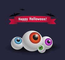 Happy Halloween Postcard or greeting card design with scary eyeballs and bats on dark background vector