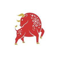 Chinese zodiac symbol red Ox with floral ornament and golden horns. Isolated on white background floral bull symbol for Year of Ox celebration vector