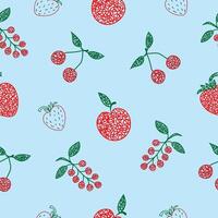 Seamless pattern with hand drawn cherry, apple, strawberry, on blue background in childrens naive style. vector