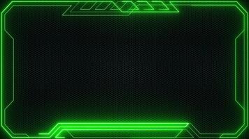 HUD frame element technology background with a border of green neon light beams on black mesh texture. This tech border UI viewfinder animation is full HD and looping. video