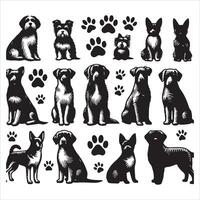 Print A collage of a dog a plant in an illustrated frame risograph silhouette white background vector