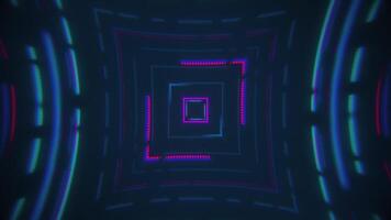 Retro technology background with glowing pink and blue neon lines and dashed lines and dots gently moving around the frame. Full HD, looping abstract motion background animation. video