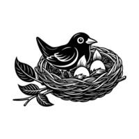 a nest with mother and little chicks silhouette illustration vector