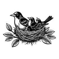 a nest with mother and little chicks silhouette illustration vector
