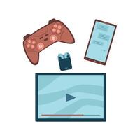 Smart gadgets electronics composition with tablet, smartphone, headphones, game console, gamepads, joystick. Technology, innovation, gadget addiction concept. Isolated illustration vector
