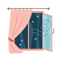 Open window with curtains. Fresh air concept. Airing the room before sleeping. Night Starry sky outside the window. Sleep hygiene as routine action for better sleep quality icon. vector