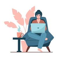 Sedentary Lifestyle Concept. Young woman sitting in an armchair with laptop, cup of tea on the table and home plant behind. Remote working, passive, inactive lifestyle concept. Isolated on white vector
