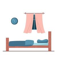 Empty bedroom at night flat illustration. Dormitory room with no people inside. Comfortable bed with blanket and pillow, window and clock on the wall. Illustration isolated on white vector