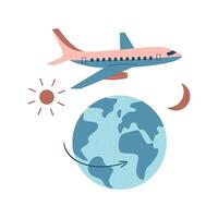 Jet lag concept, abstract metaphor. Globe and plane flying over it. Time zones crossing. Sleep disorder. Time zones change due to international flight. Day and night. Isolated illustration vector