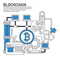 Blockchain network linear style infographics. Cryptocurrency concept banner. Illustration isolated on white background. vector