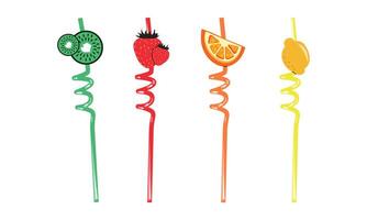 Drinking straws colored Curly Spiral Reusable Straws with Silicone Buckles drink sticks set, flat doodle style colorful illustration isolate on white red , orange, green and yellow vector