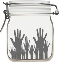 Many hands reaching up inside glass jar concept of business problem solution vector