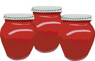 Three red ceramic jars full of tomato sauce waiting on a shelf vector