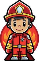 Smiling fireman wearing uniform and helmet with flame logo vector