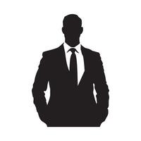 a black silhouette of a man in a suit and tie, standing with his hands in his pockets. vector