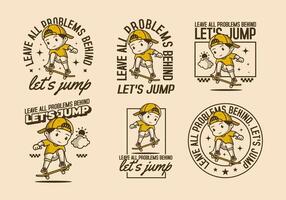 Leave all problems behind, Let's jump. Retro character illustration of a boy jumping on the skateboard vector