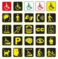 Yellow square disability icons set. Icons of mental, physical, sensory, intellectual deviations. vector