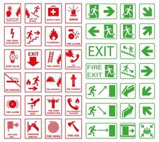 Emergency assembly place, actions in case of fire, first aid symbols. vector