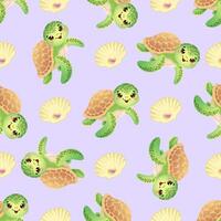 Seamless pattern with cute smiling green turtle floating with shells on a light purple background. illustration vector