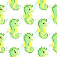 seamless pattern featuring adorable green and yellow seahorses with bubbles on a white background. vector