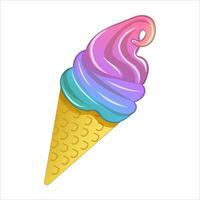 Colourful illustration of delicious rainbow ice cream in a waffle cone on a white background vector