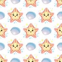 Children's seamless pattern with cute smiling starfish with bubbles and shell on a white background. illustration vector