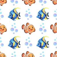 seamless pattern featuring adorable blue and orange fish with bubbles on a white background. vector