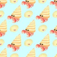 Children's seamless pattern with cute smiling hermit crab and pearl shell on light blue background. illustration vector