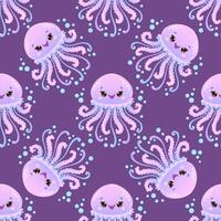 Seamless pattern with cute smiling jellyfish floating among bubbles on a dark purple background. illustration vector