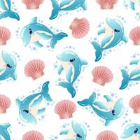 Children's seamless pattern with cute smiling dolphin with bubbles and shell on a white background. illustration vector