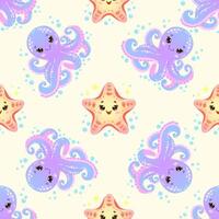 Children's seamless pattern with cute smiling octopus and starfish on a light background. illustration vector
