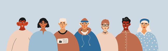 Diverse Unique Self team cartoon illustration. Unity in diversity. People of different nationalities and religions characters. Multinational society. Pattern for site, social, article, book, banner. vector
