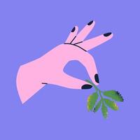 Pop art poster with hand holding a sprig of mint. Hand drawn illustration for card, print. Elements isolated on background. vector