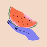 Hand holding a slice of watermelon. Hand drawn illustration for poster, card, print. Elements isolated on background. vector
