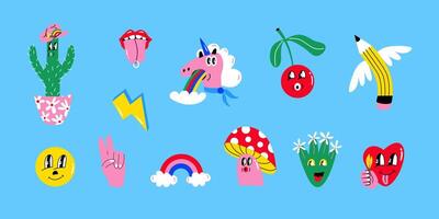 Retro groovy stickers, psychedelic trippy elements. Cartoon funky mushrooms, unicorn, cactus, rainbow, cherry, pencil. Set with vintage hippy style elements. vector